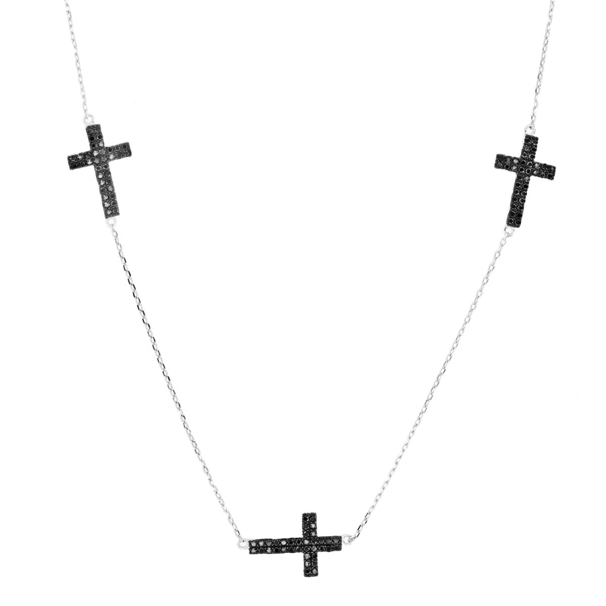 Sterling Silver Rhodium Five Black Spinel Sideways Crosses 18+2 Necklace