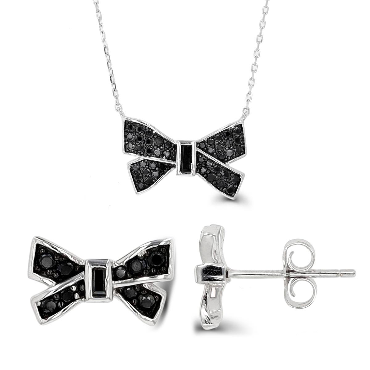 Sterling Silver Rhodium & Black Rd & Bgt Black Spinel Bow 16"+2" Necklace & Earring Set