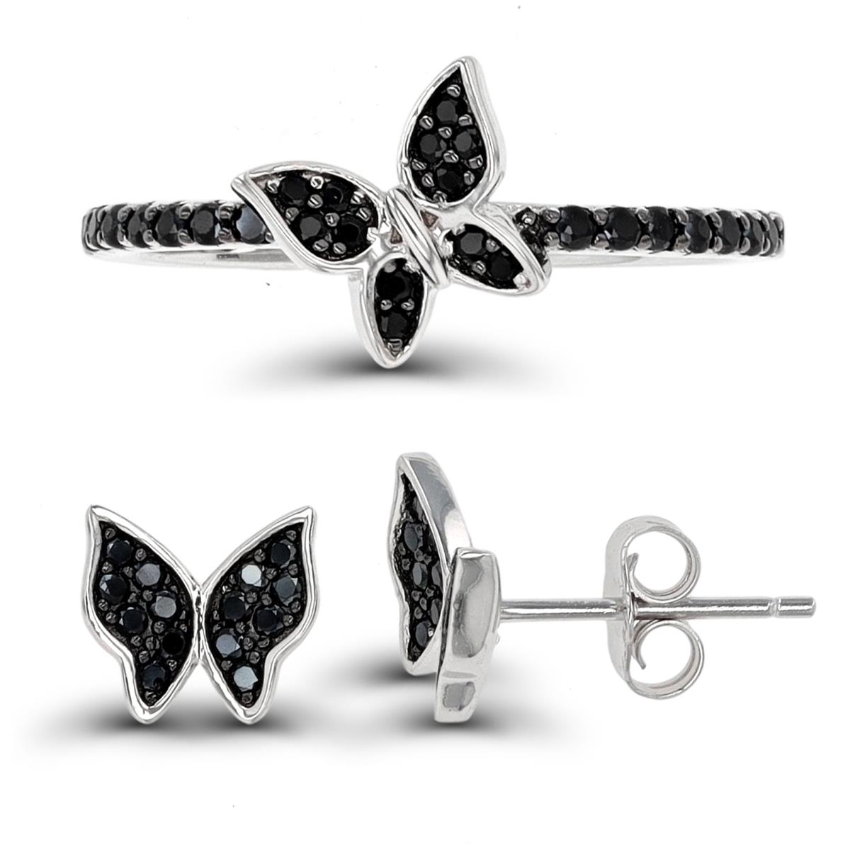 Sterling Silver Rhodium & Black Black Spinel Butterfly Earring & Ring Set