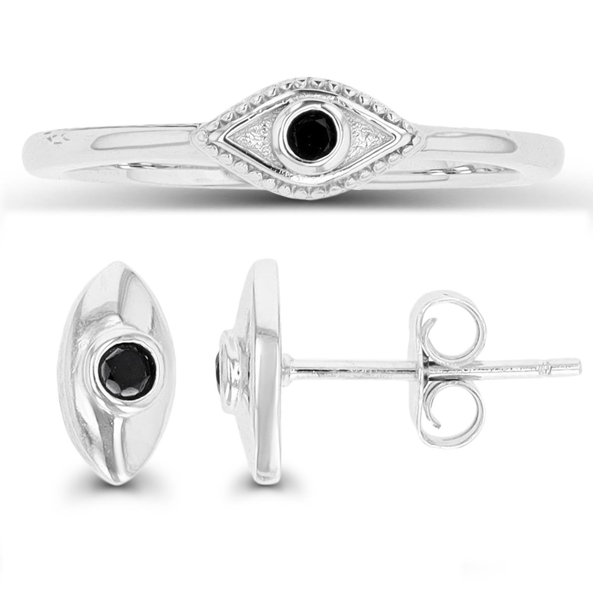 Sterling Silver Rhodium Black Spinel Evil Eye Fashion Ring & Earring Set