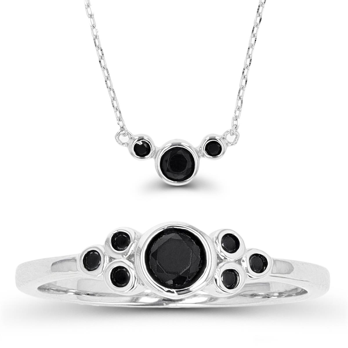 Sterling Silver Rhodium Black Spinel Bezel 18"+2" Necklace & Ring Set