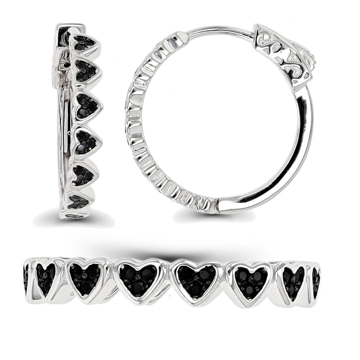 Sterling Silver Rhodium & Black Black Spinel Heart Eternity Ring & Hoop Earring Set