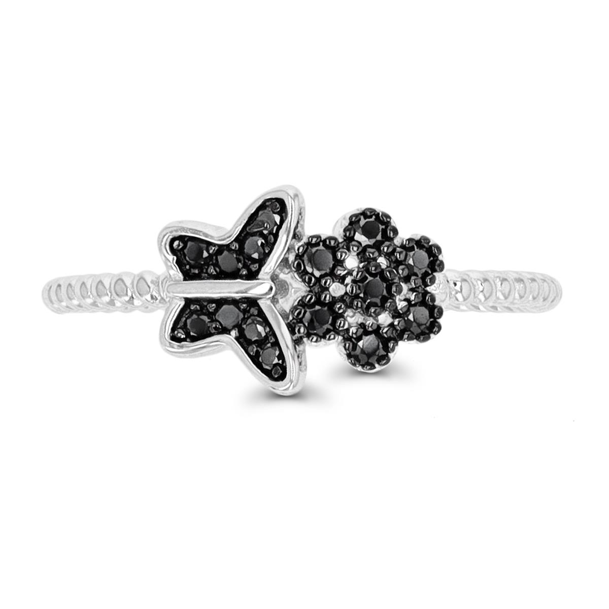 Sterling Silver Rhodium Black Spinel Butterfly & Flower Ring