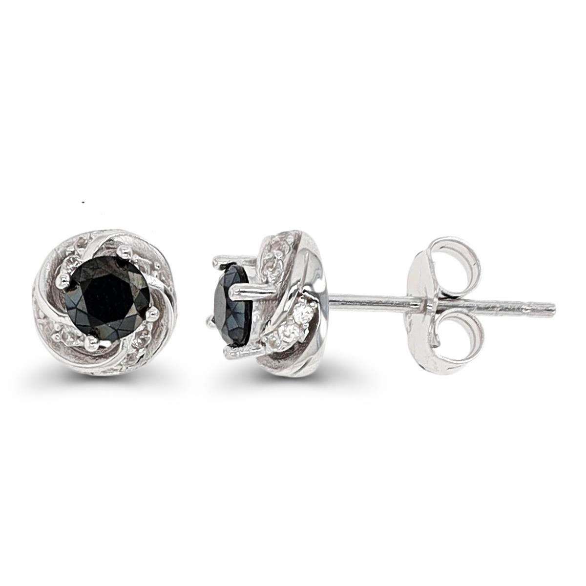 Sterling Silver Rhodium Black Spinel & White Zircon Twisted Detail 7mm Stud Earring