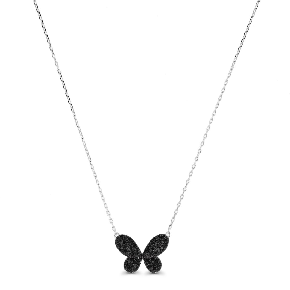 Sterling Silver Rhodium Black Spinel Butterfly 16+2" Necklace