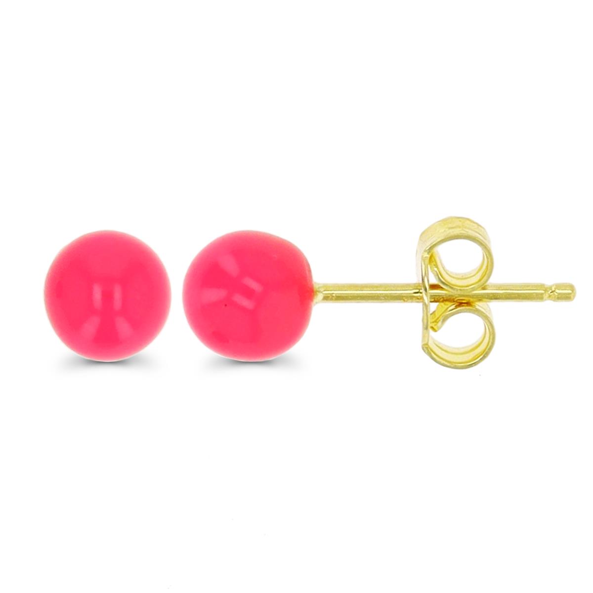 14K Yellow Gold 5mm A7 Hot Pink Enamel Ball Stud Earring
