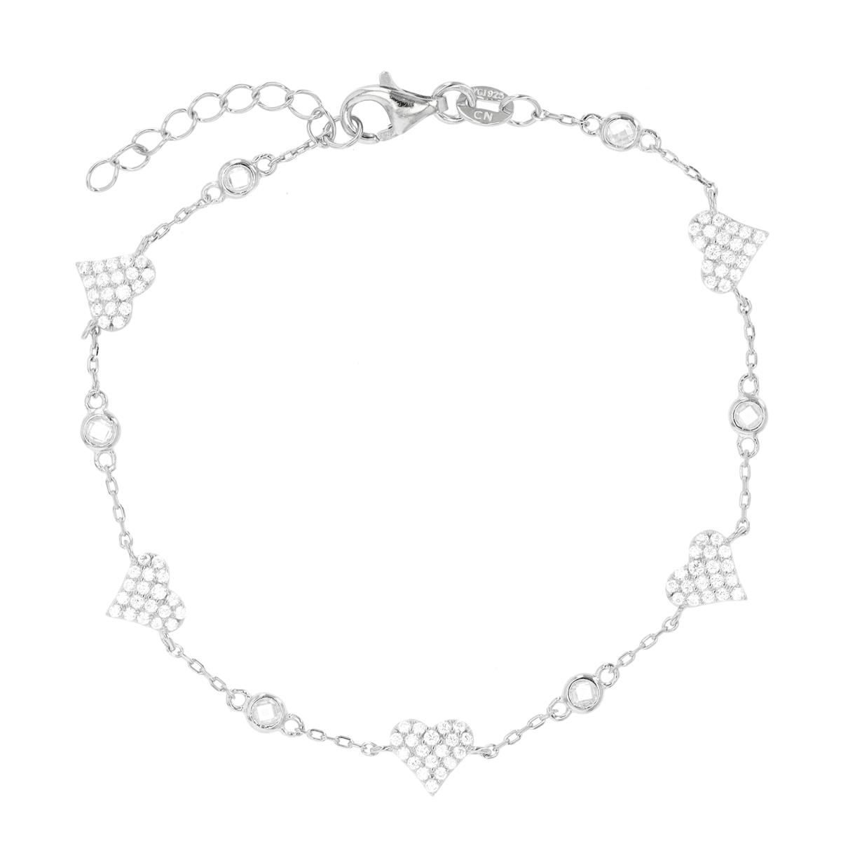 Sterling Silver Rhodium Heart & Bezel 7"+1" Bracelet