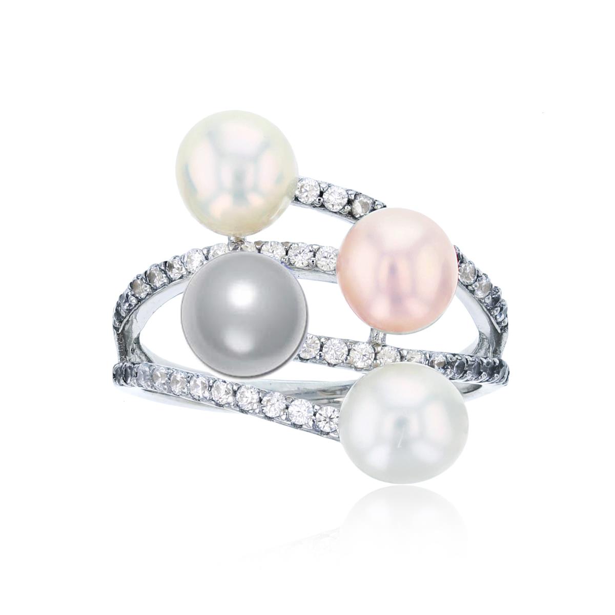 Sterling Silver Rhodium CZ & 6mm Fresh Water Pearl Bypass Rows Ring