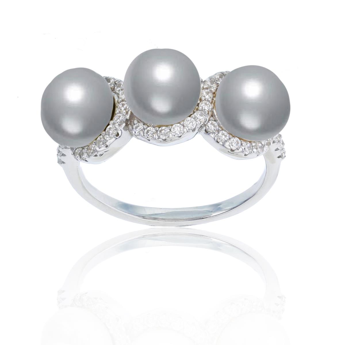 Sterling Silver Rhodium CZ & 7mm Grey Button 3-Fresh Water Pearl Ring