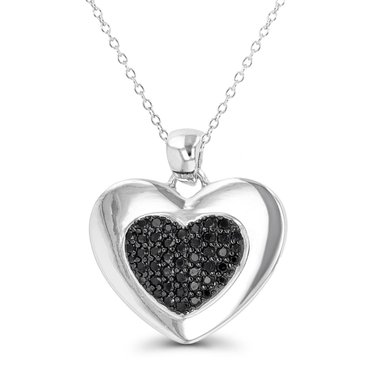 Sterling Silver Rhodium & Black Black Spinel Heart 18" Necklace