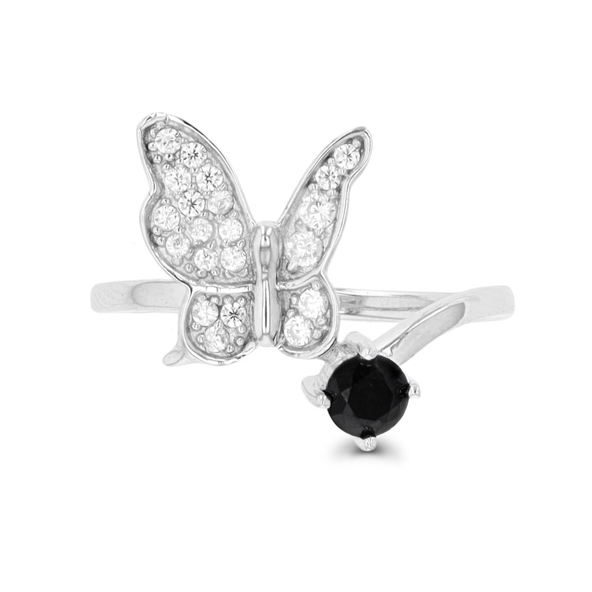 Sterling Silver Rhodium Black Spinel Butterfly Fashion Ring