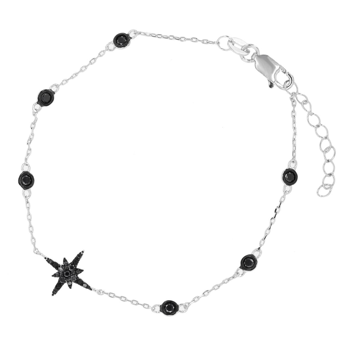 Sterling Silver Rhodium & Black Star and Bezel Black Spinel 7"+1" Bracelet