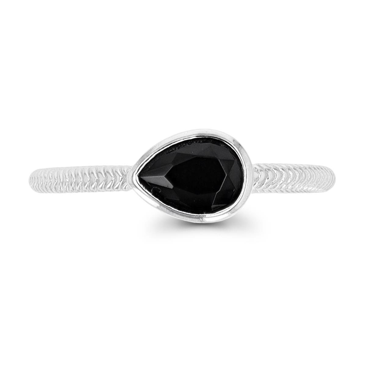 Sterling Silver Rhodium Pear Cut Black Spinel Engagement Style Rope Band Ring