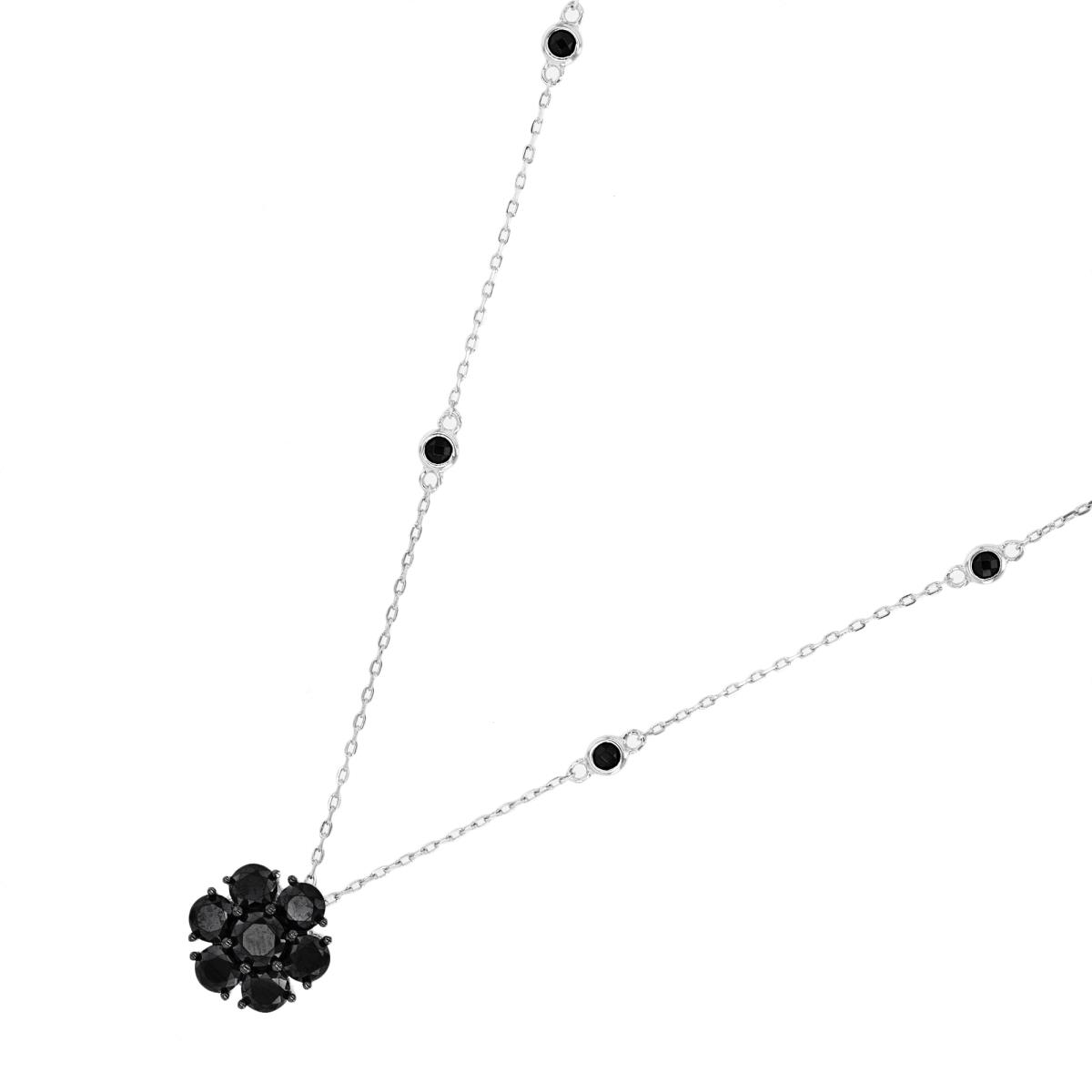 Sterling Silver Rhodium Black CZ Flower 18+2" Necklace