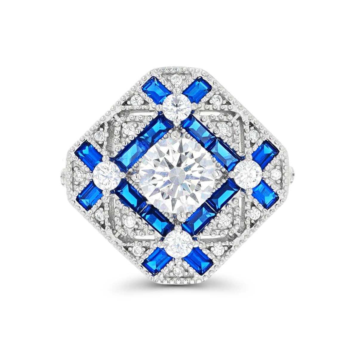 Sterling Silver Rhodium Blue Spinel & CZ Details Engagement Style Ring
