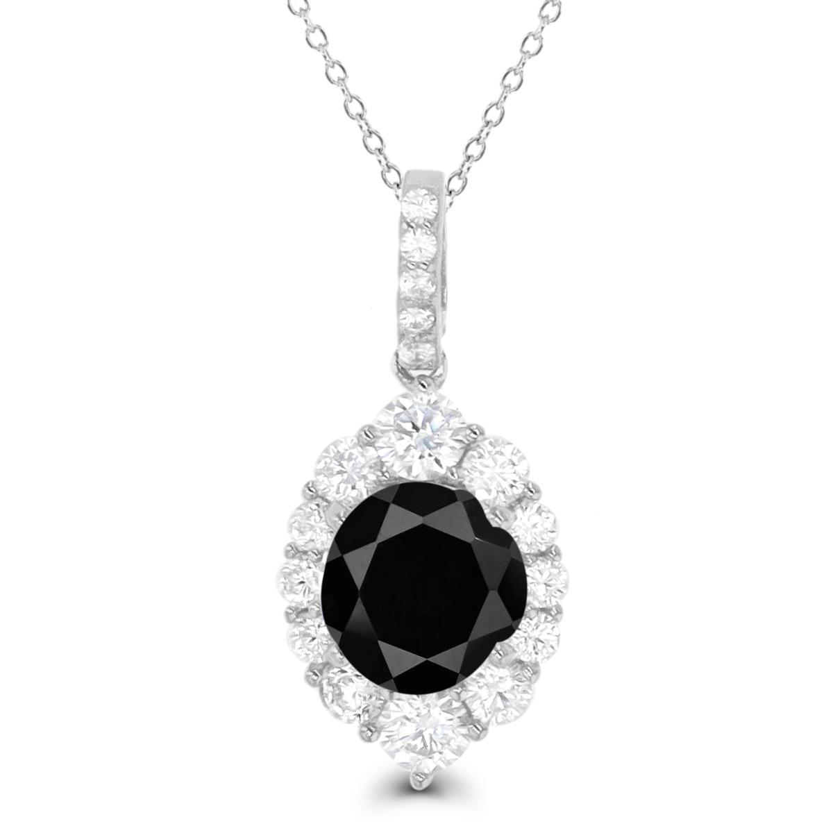 Sterling Silver Rhodium Rd Black Spinel Oval Halo 18" Necklace