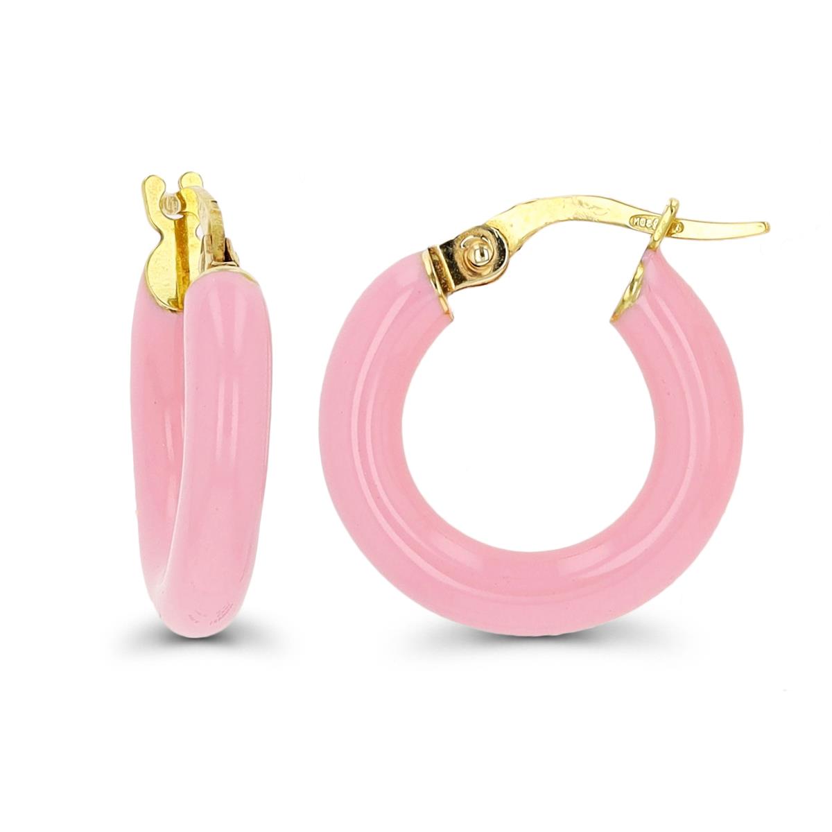 14K Yellow Gold 10x3mm Pink Enamel Tube Hoop Earring