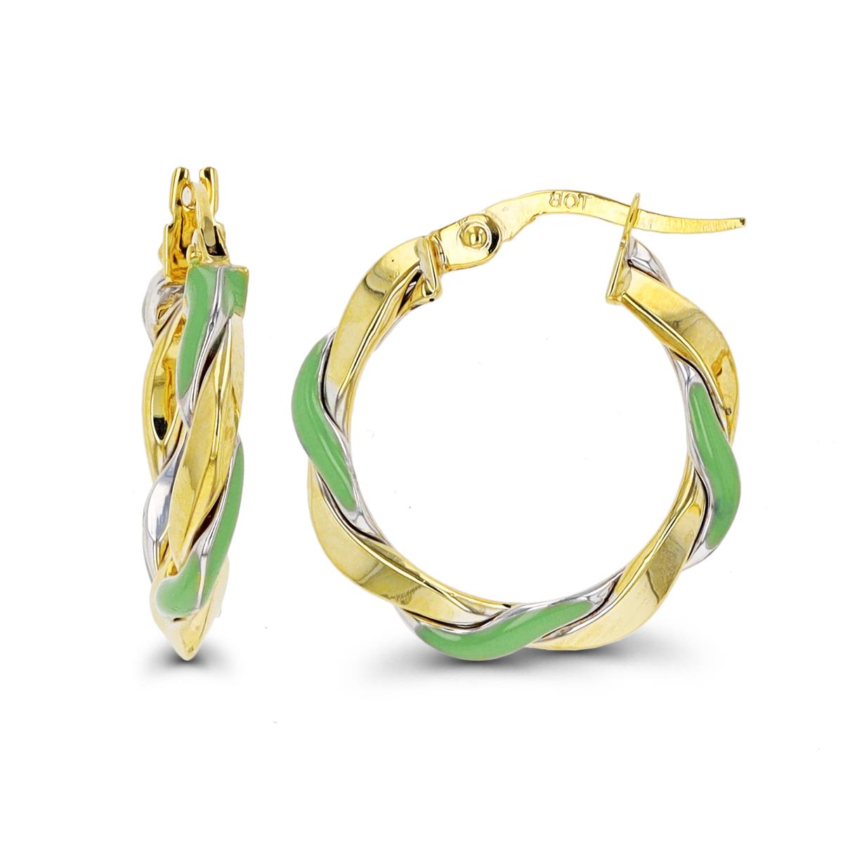 14K Yellow Gold 20x3mm Sage Enamel Twist Hoop Earring