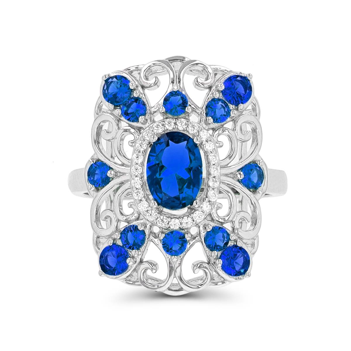 Sterling Silver Rhodium #113 Blue & White CZ Filigree Fashion Ring