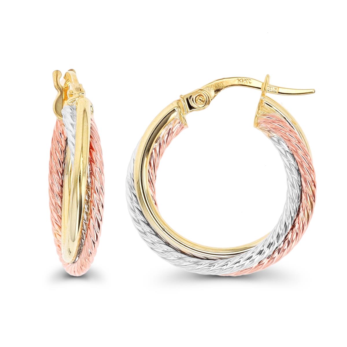 10K Tri-Color Gold 20x3mm Polished & Twist Triple Hoop Earring