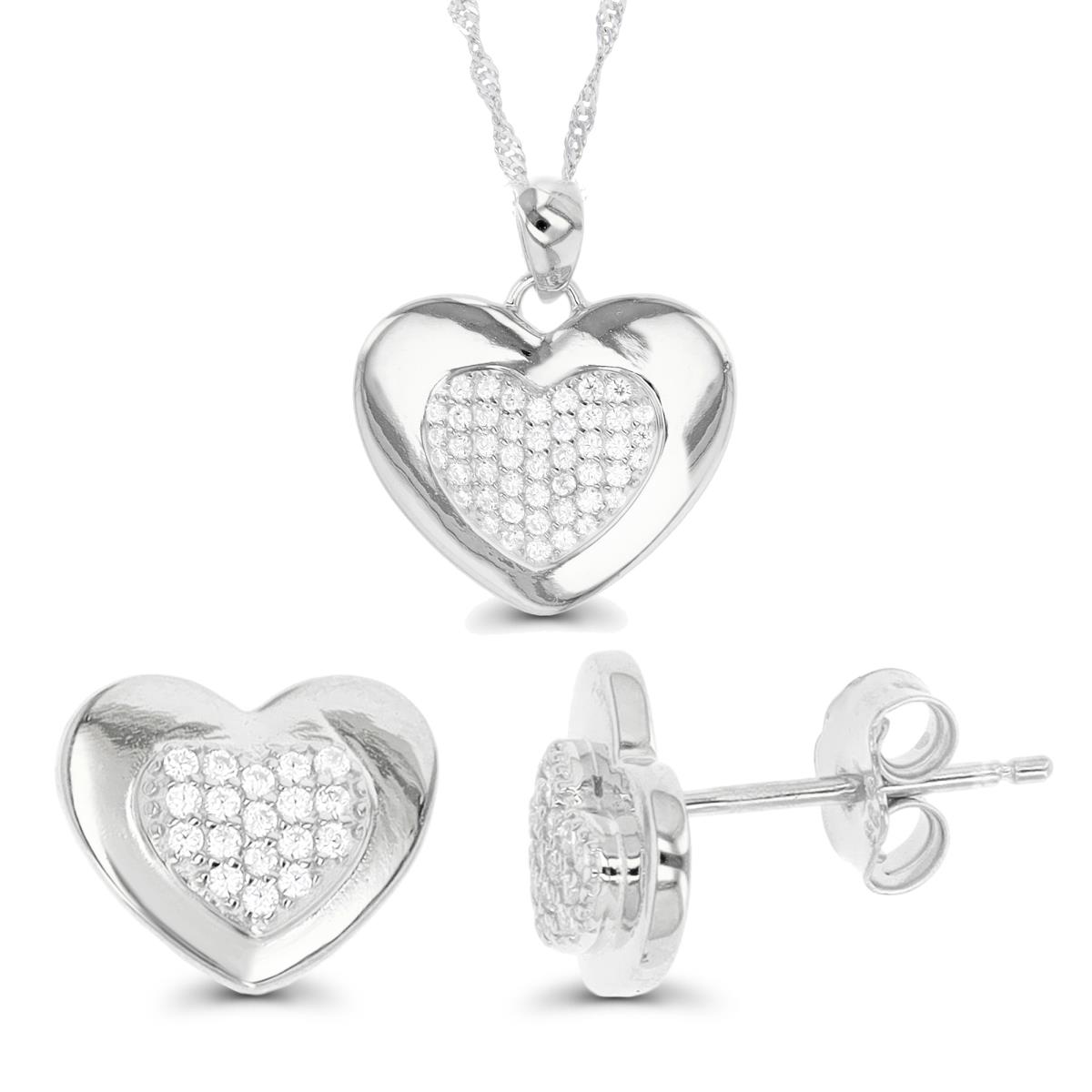 Sterling Silver Rhodium Heart 18"+2" Singapore Necklace & Stud Earring