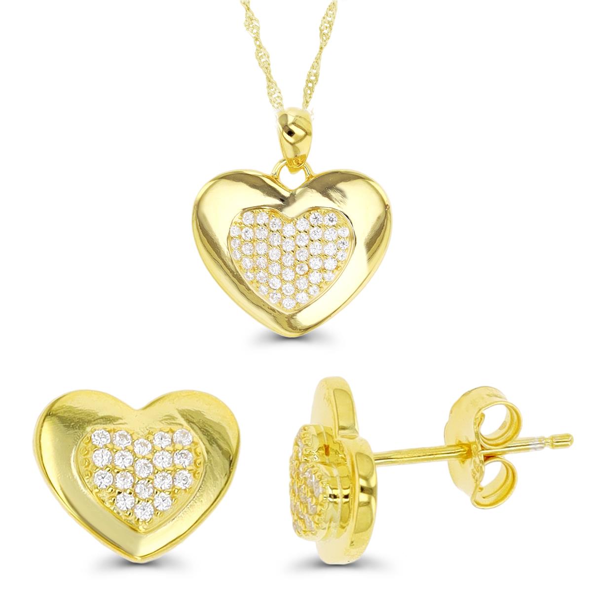 Sterling Silver Yellow 1-Micron Heart 18"+2" Singapore Necklace & Stud Earring