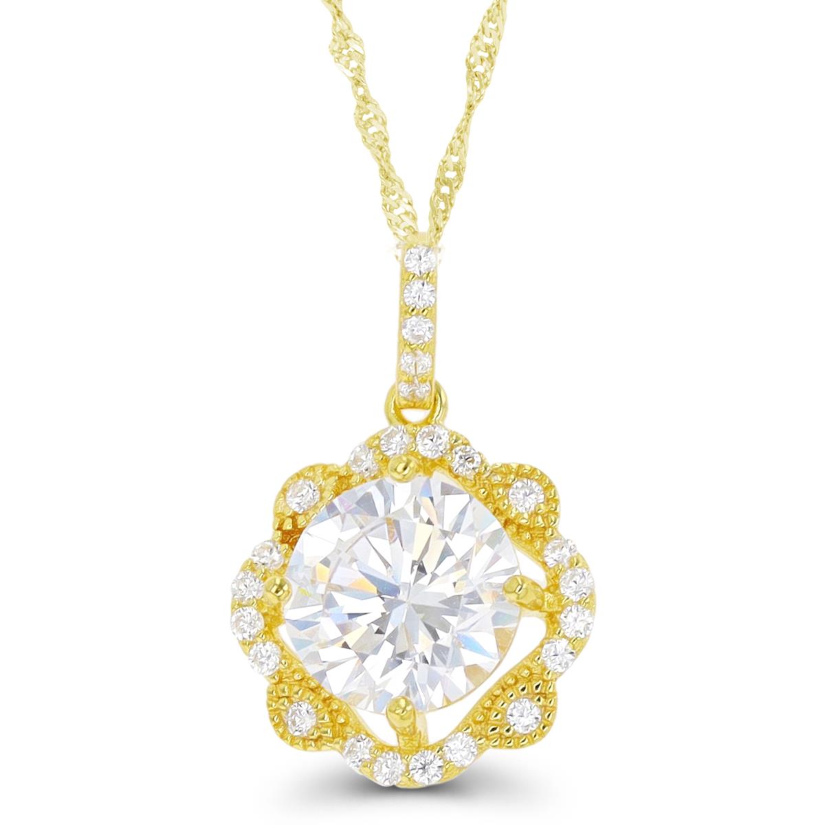 Sterling Silver Yellow 1-Micron 9mm Rd CZ Milgrain Halo 18"+2" Singapore Necklace