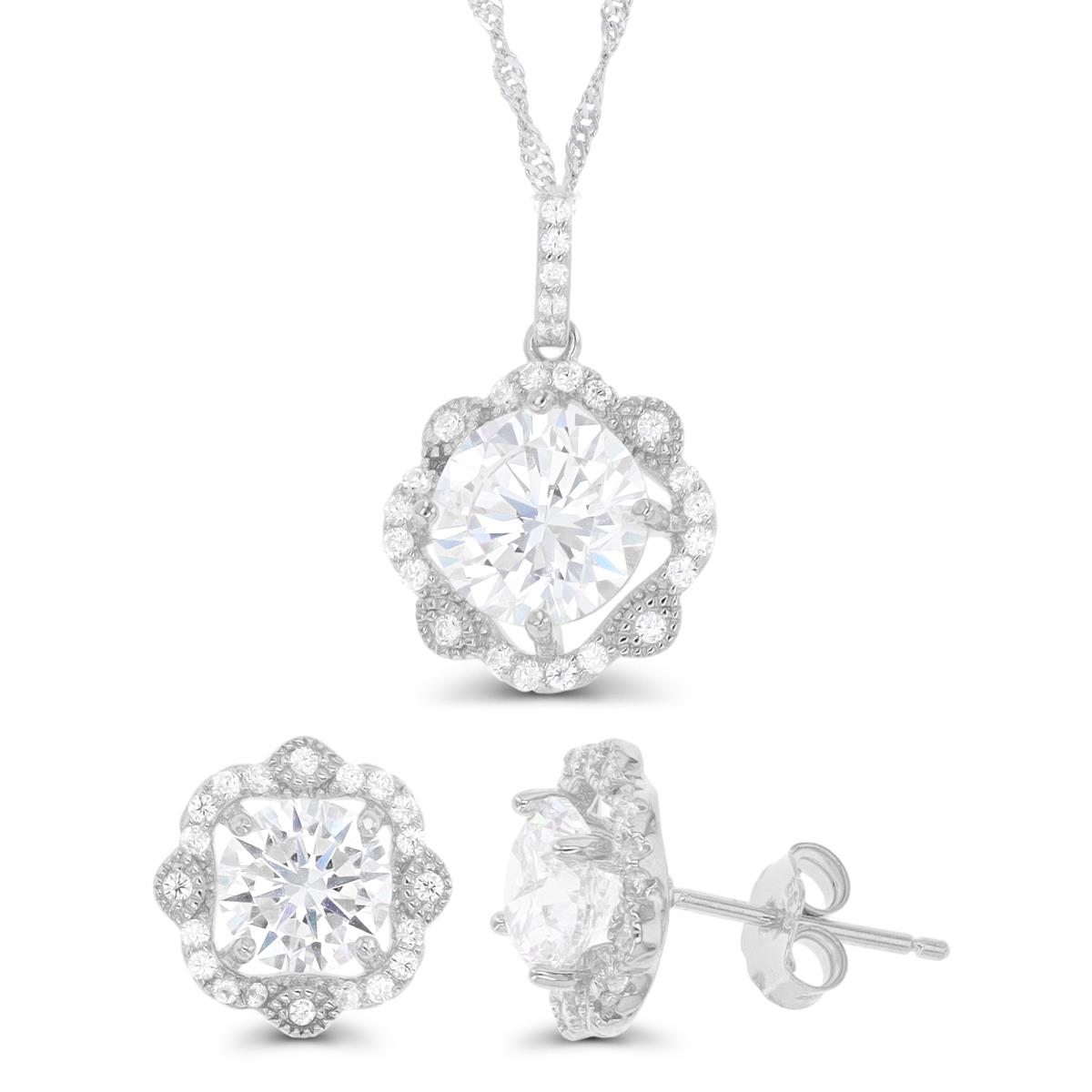 Sterling Silver Rhodium 9mm Rd CZ Milgrain Halo 18"+2" Necklace & Earring Set