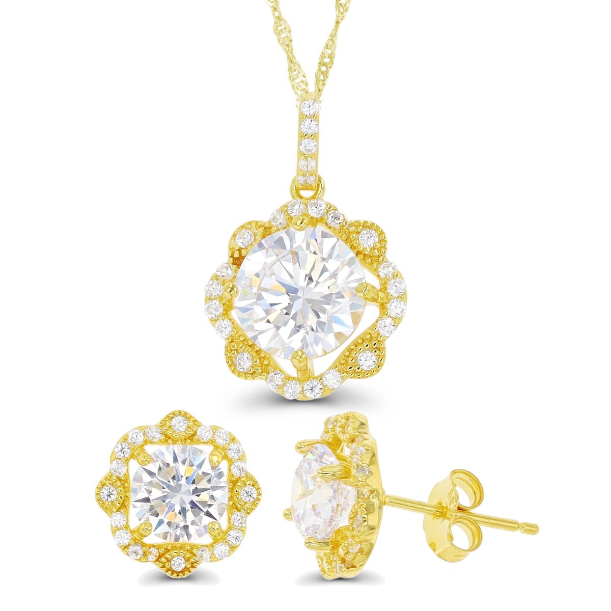 Sterling Silver Yellow 1-Micron 9mm Rd CZ Milgrain Halo 18"+2" Necklace & Earring Set