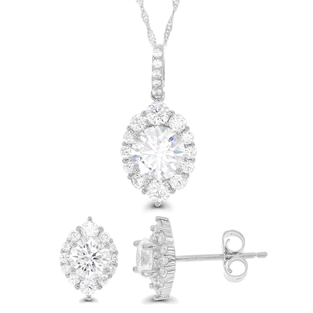 Sterling Silver Rhodium Rd CZ Oval Halo 18"+2" Necklace & Earring Set