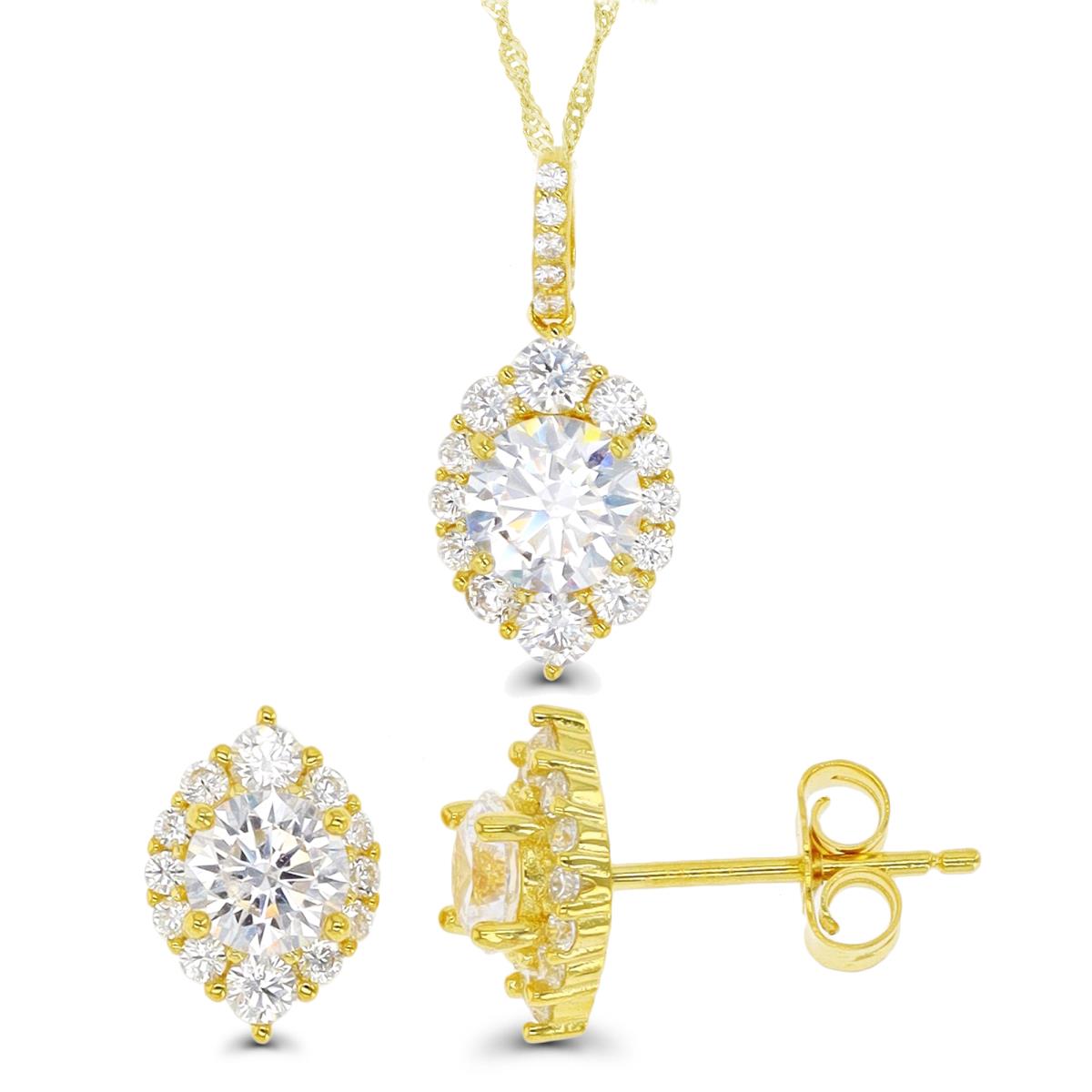 Sterling Silver Yellow 1-Micron Rd CZ Oval Halo 18"+2" Necklace & Earring Set
