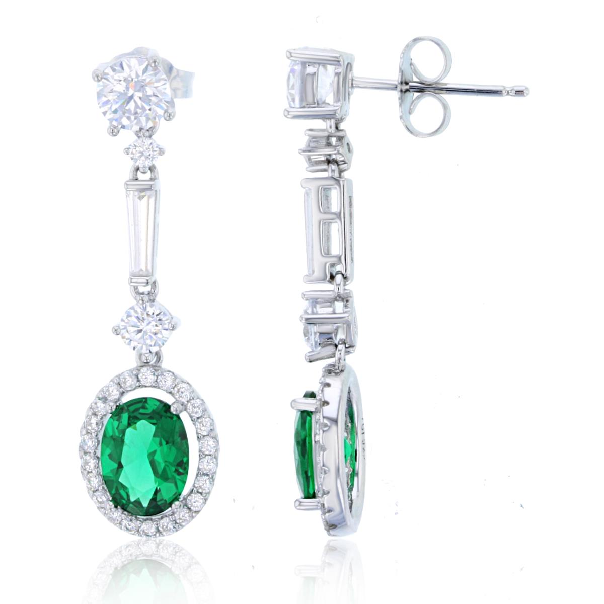 Sterling Silver Rhodium 8x6mm Ov Emerald Glass & Rnd/TB White CZ Dangling Halo Earring