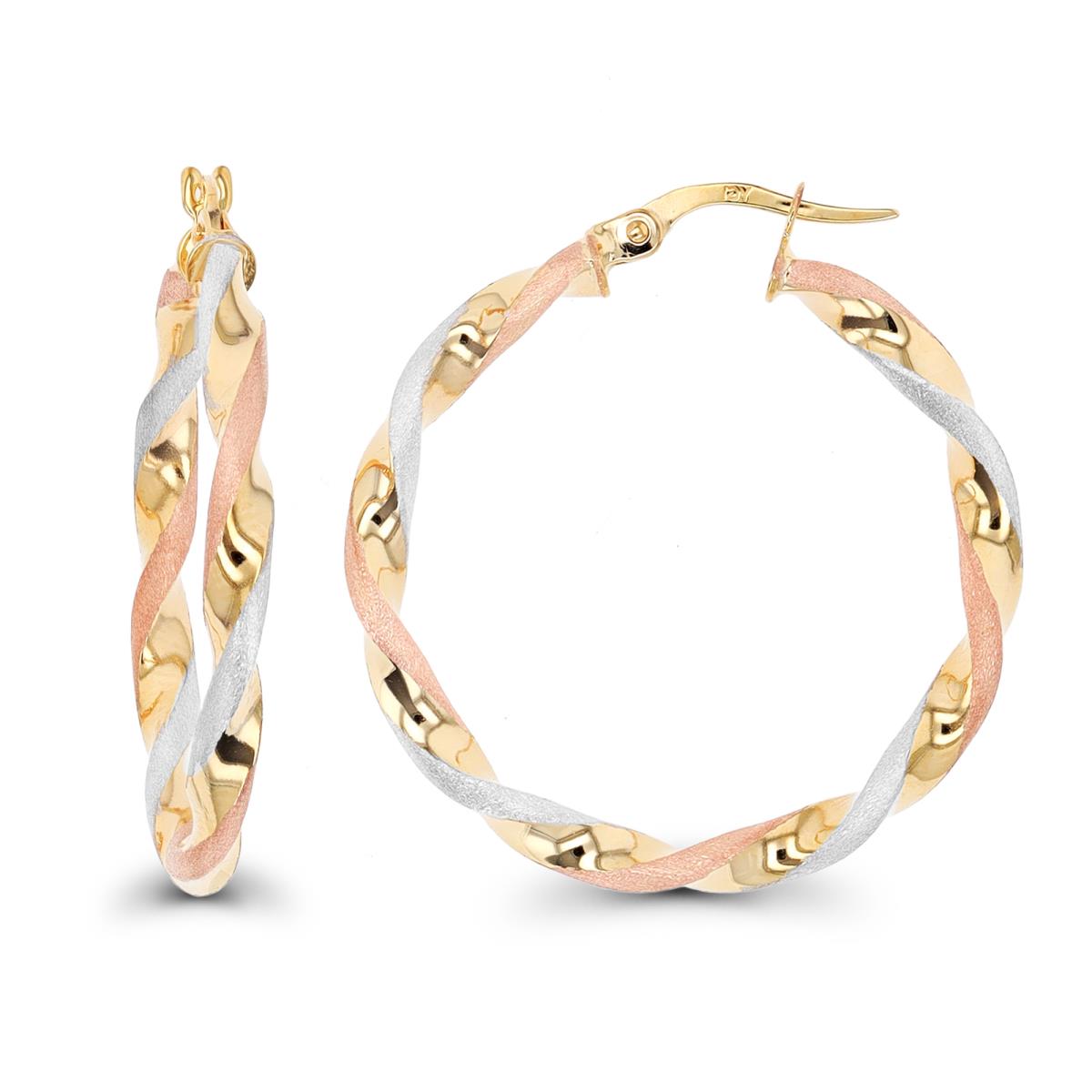 14K Tri-Color Gold Textured Twist Hoop Earring