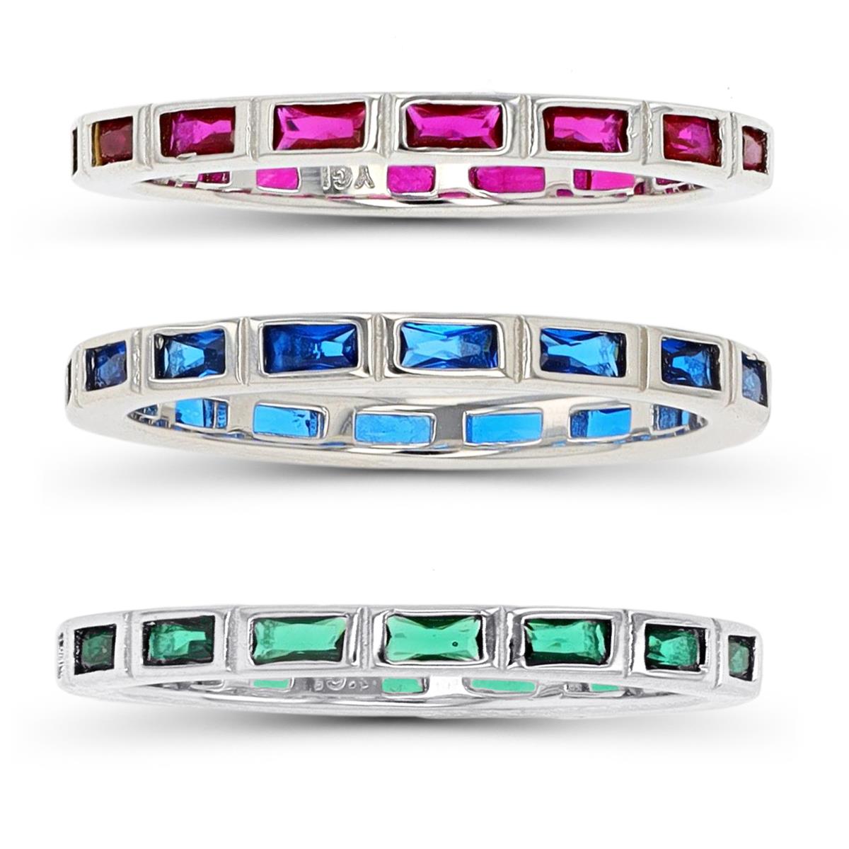 Sterling Silver Rhodium Straight Baguette Cut Green, Ruby & Blue Eternity Ring Set