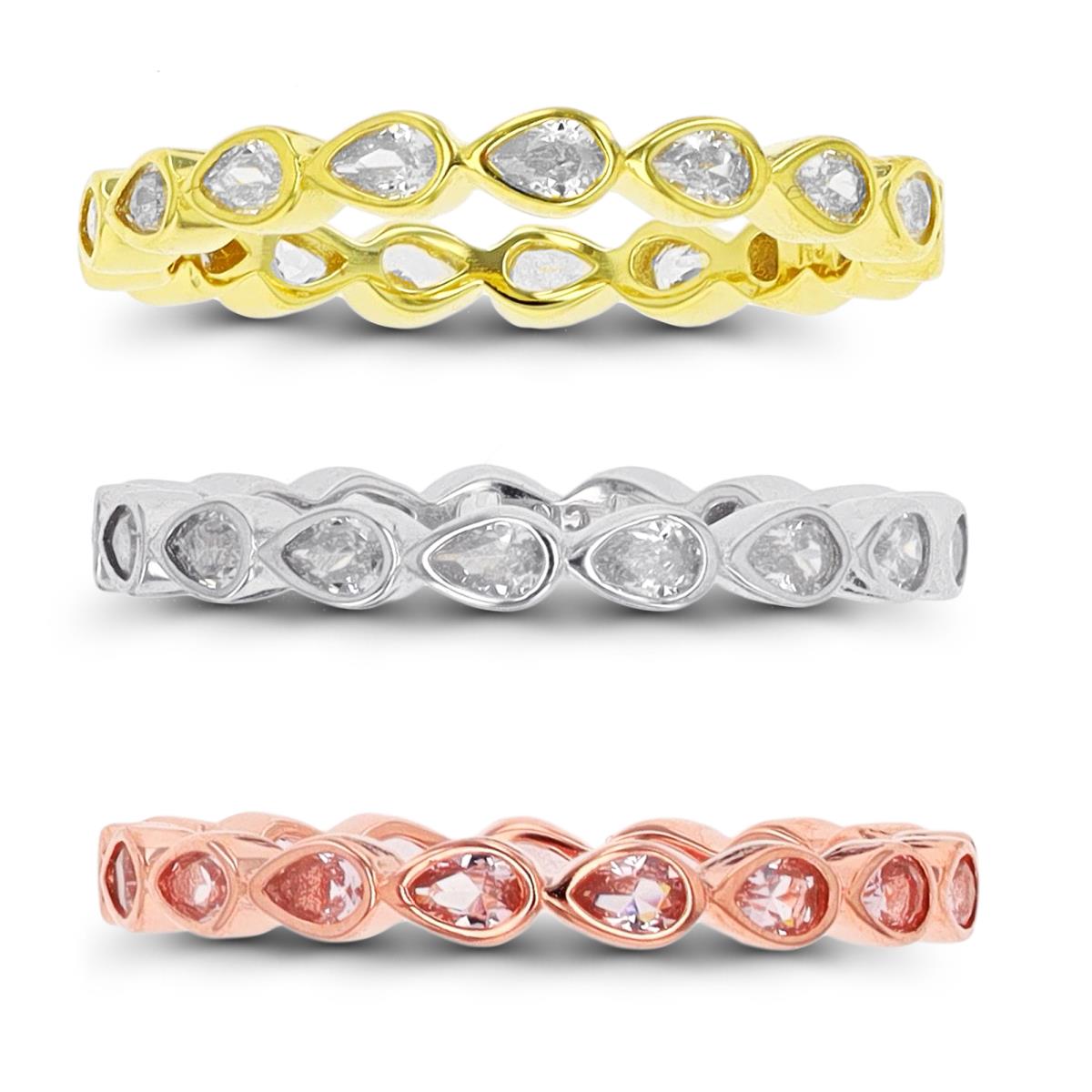 Sterling Silver Tri-Color 1-Micron Pear CZ Eternity Ring Set of 3