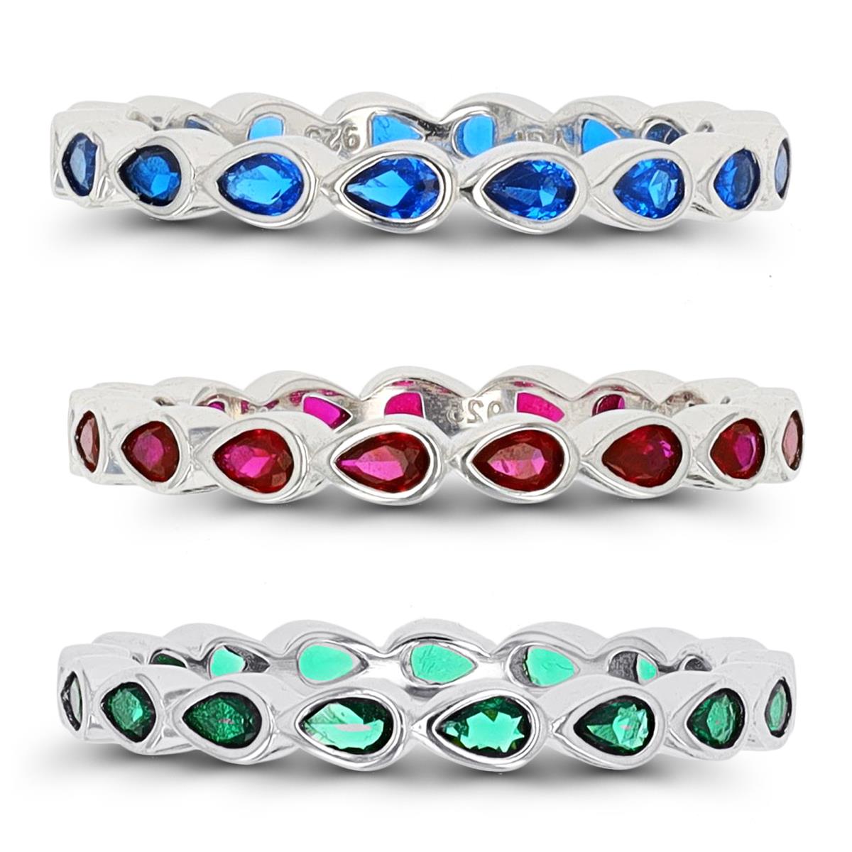 Sterling Silver Rhodium Pear Green, Ruby, Blue Eternity Ring Set of 3