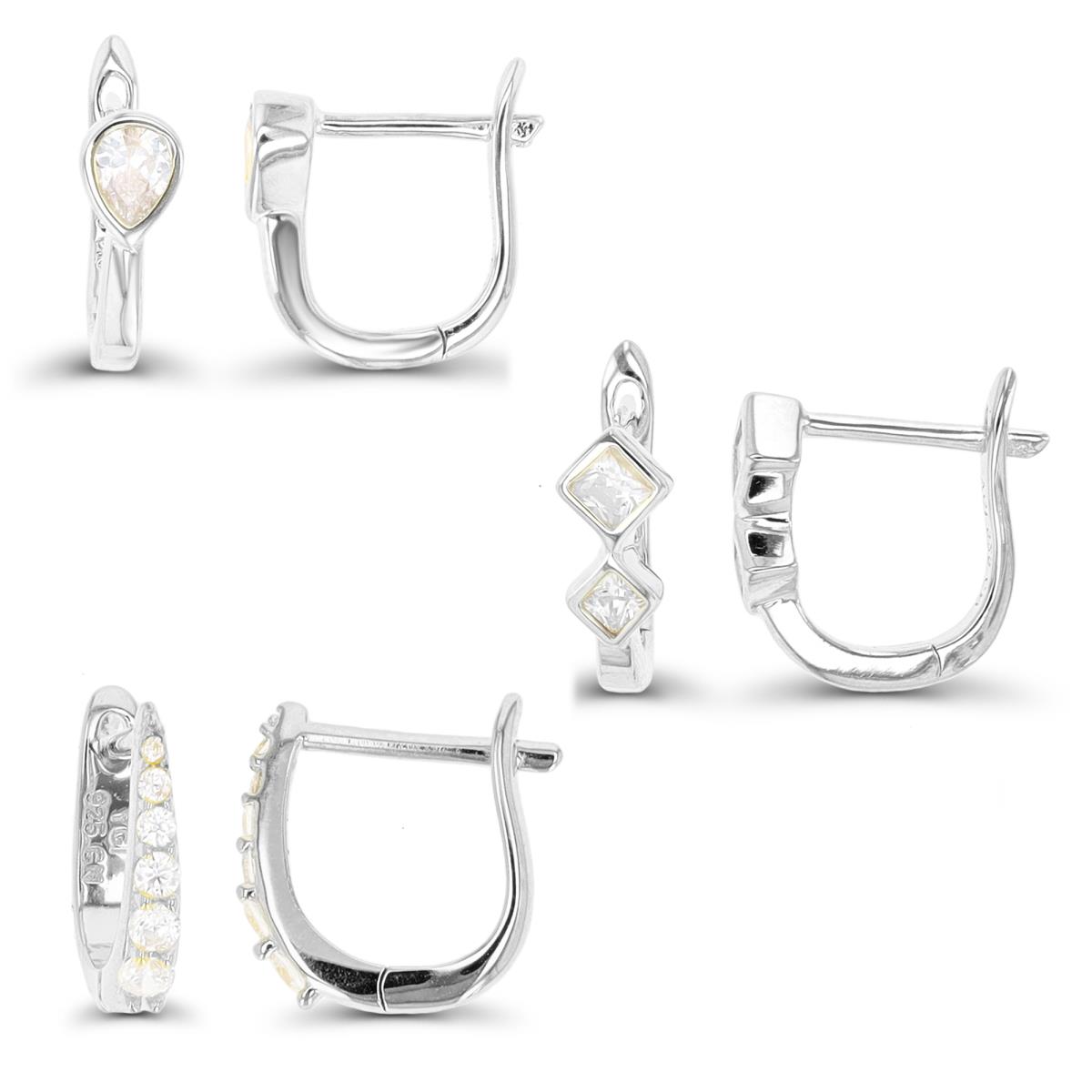 Sterling Silver Rhodium Princess Cut , Graduated & CZ Latchback Earring Set