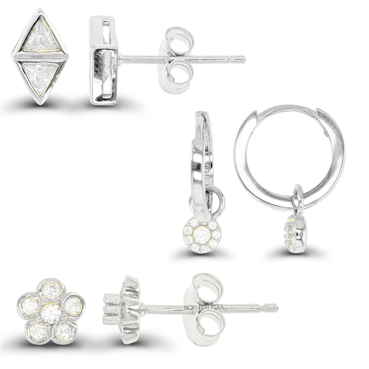Sterling Silver Rhodium Triangle, Cluster & Flower Earring Set