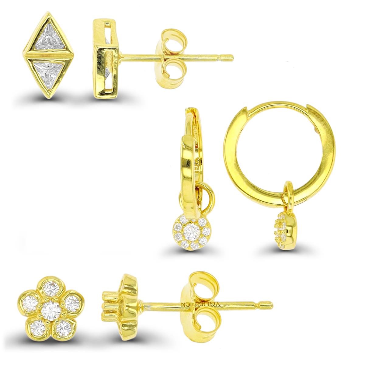 Sterling Silver Yellow 1-Micron Triangle, Cluster & Flower Earring Set