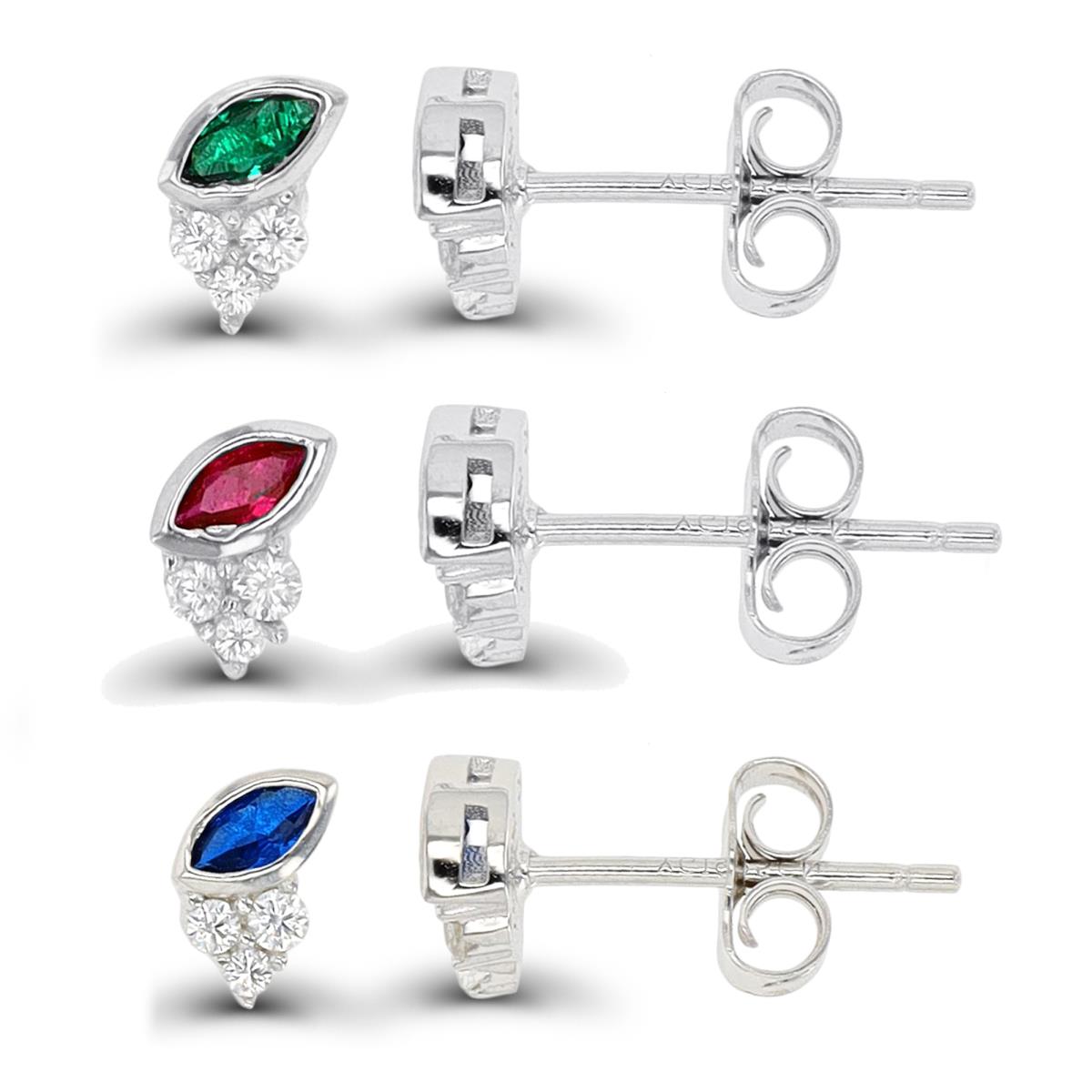 Sterling Silver Rhodium Marquise & Round Green, Ruby & Blue Earring Set
