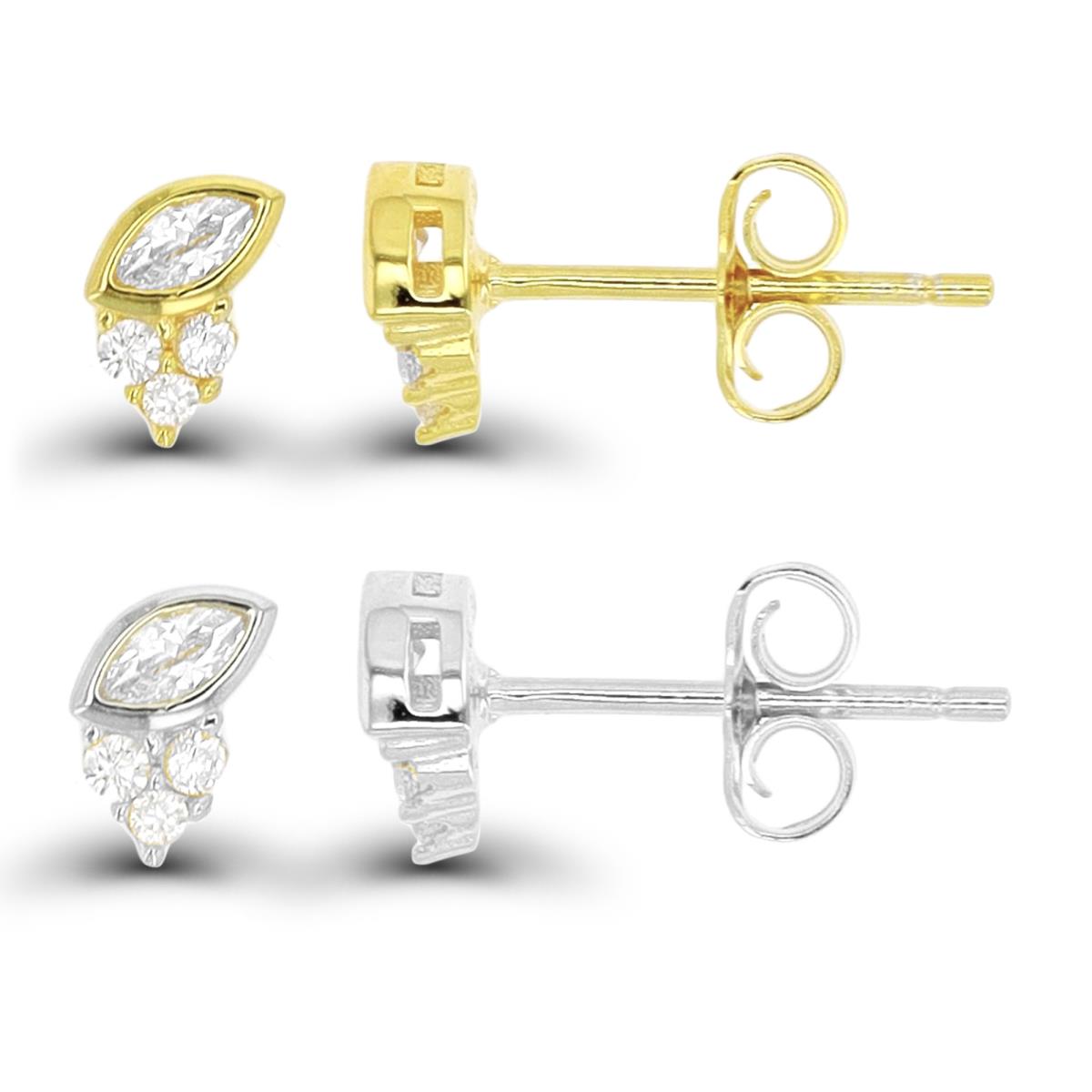 Sterling Silver Rhodium & Yellow 1-Micron Marquise & Round CZ Stud Earring Set