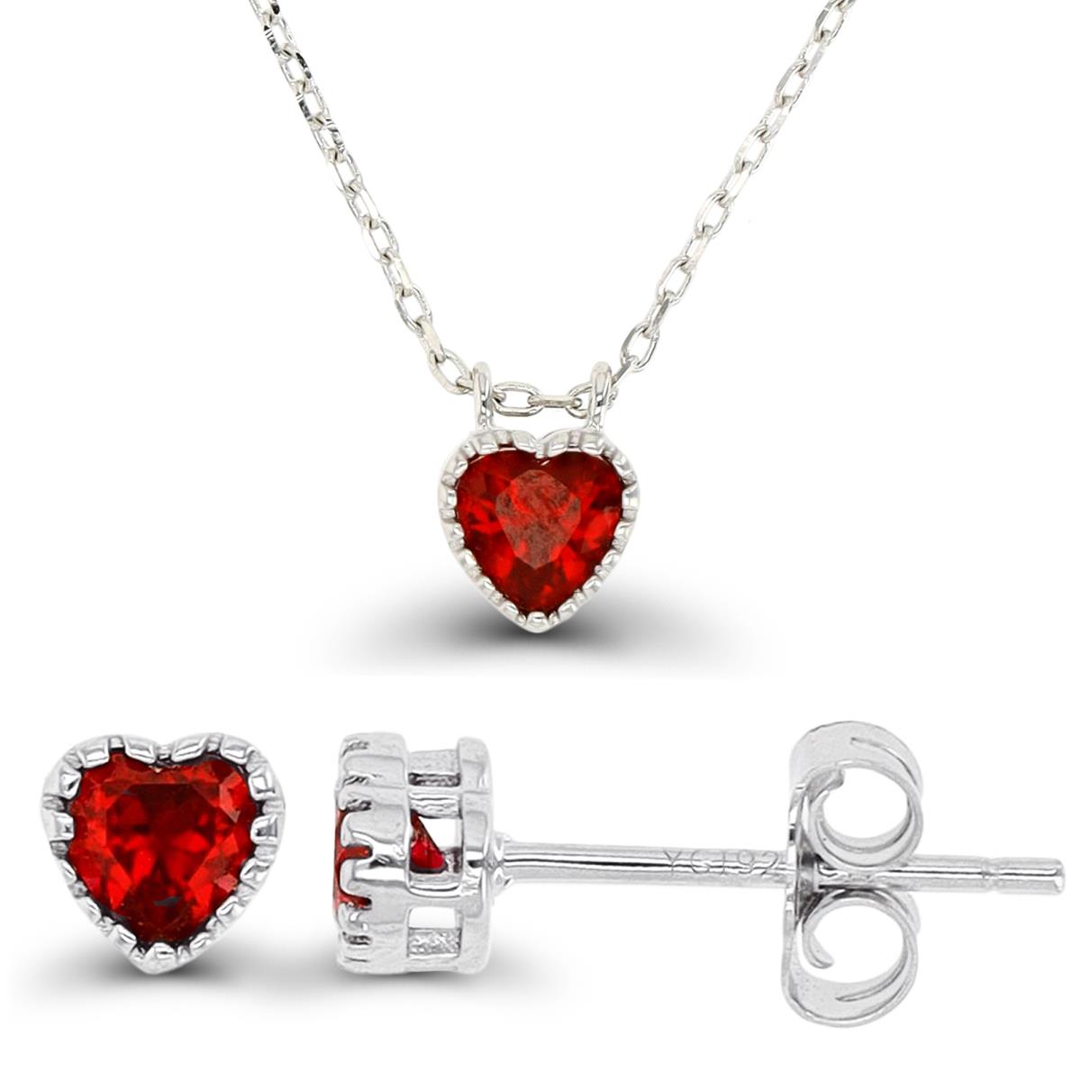 Sterling Silver Rhodium Heart Ruby Necklace 13"+2" & Earring SEt