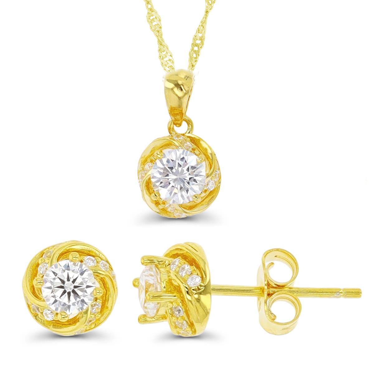 Sterling Silver Yellow 1-Micron Twisted Detail 18"+2" Necklae & Stud Earring Set