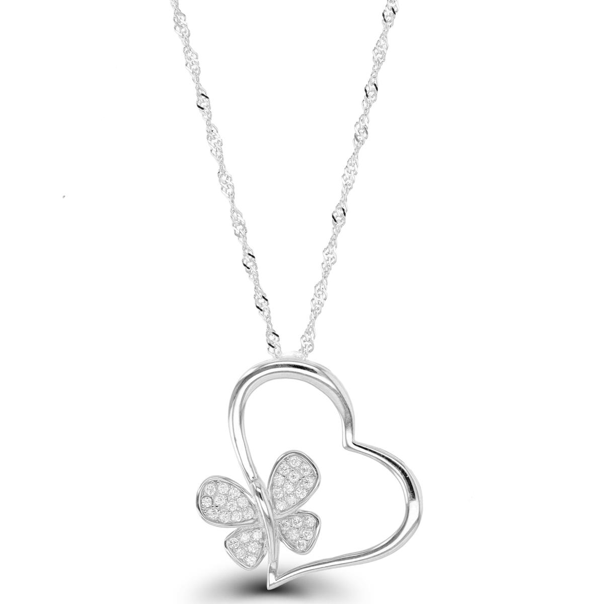 Sterling Silver Rhodium Heart & Butterfly CZ 18+2 Singapore Necklace