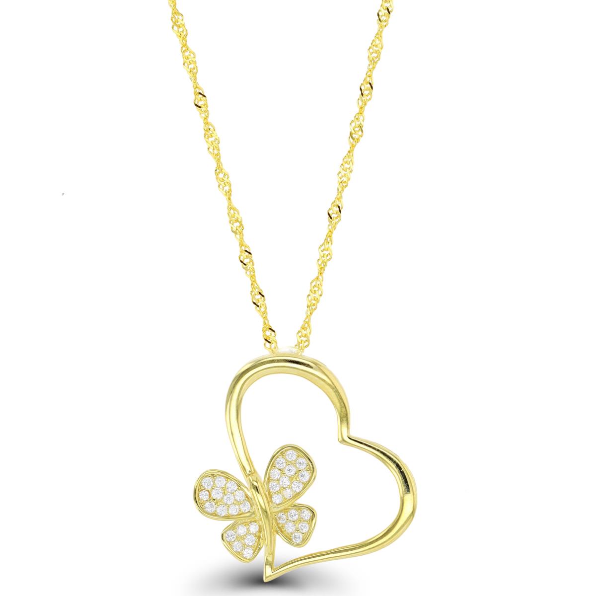 Sterling Silver Yellow 1-Micron Heart & Butterfly CZ 18+2 Singapore Necklace