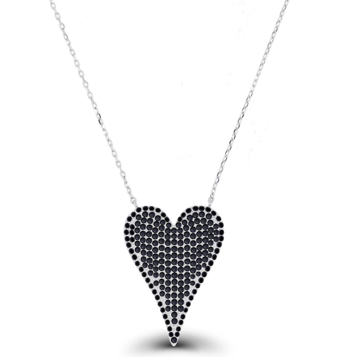 Sterling Silver Rhodium & Black Black CZ Heart 18"+2" Necklace