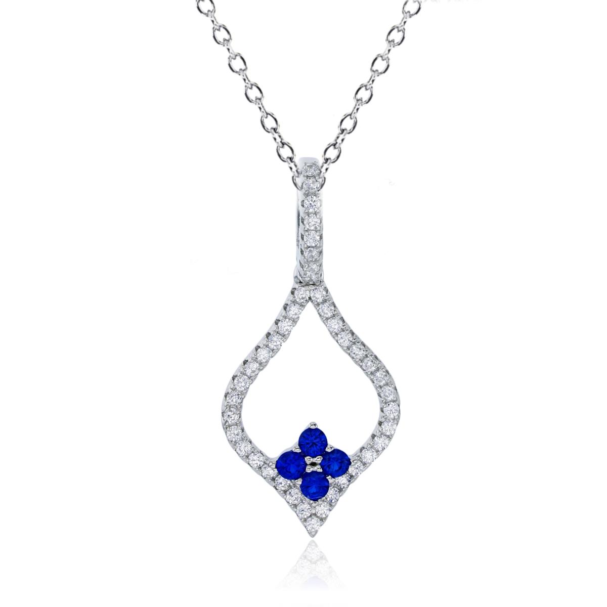 Sterling Silver Rhodium Micropave Open Teardrop with Blue Spinel CZ Flower Inside 18" Necklace
