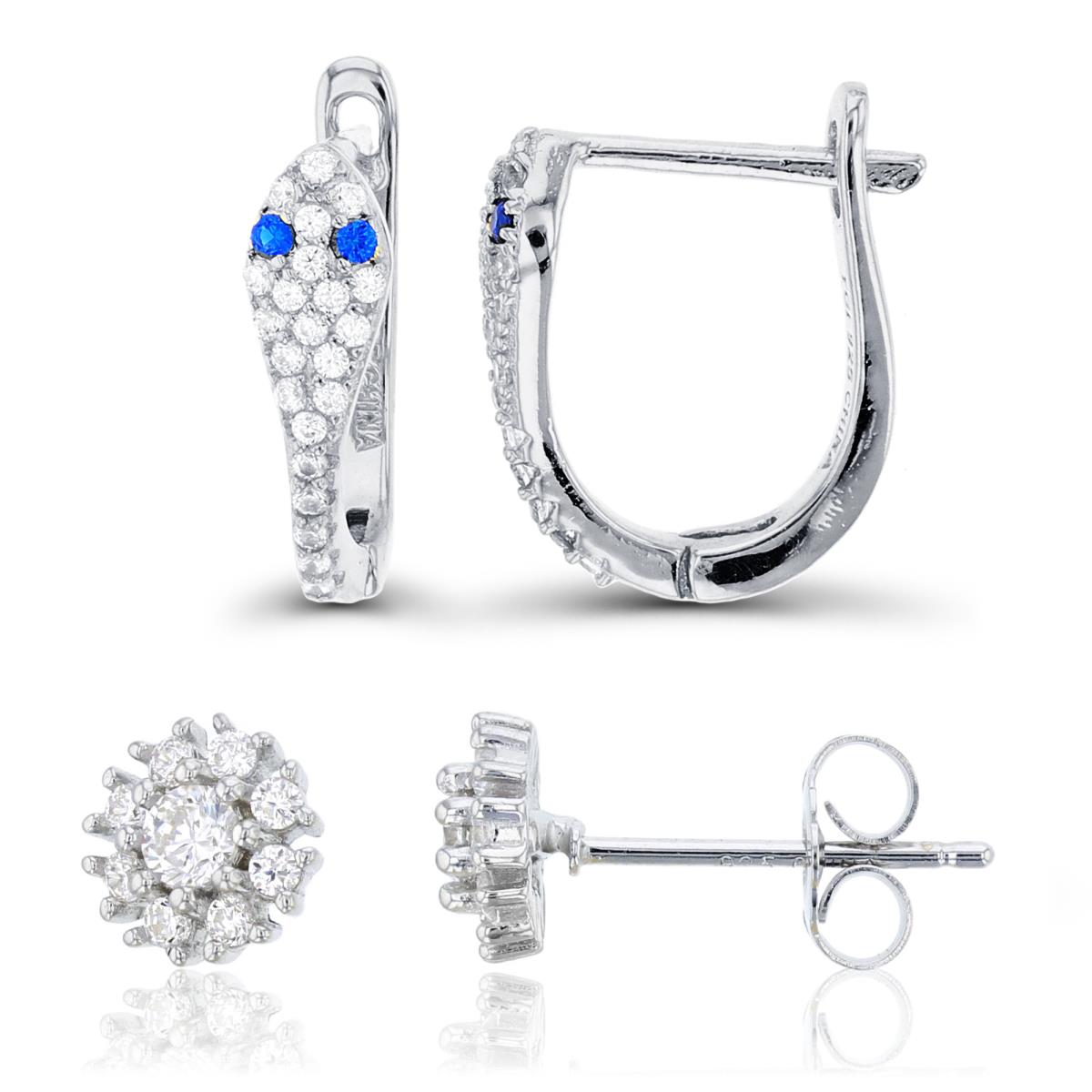 Sterling Silver Rhodium 3mm Round Pave Stud & White CZ/#113 Blue Snake Earring Set
