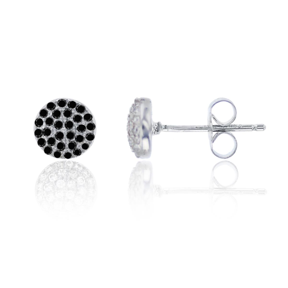 Sterling Silver Rhodium Pave Round Black CZ Circle Stud Earring