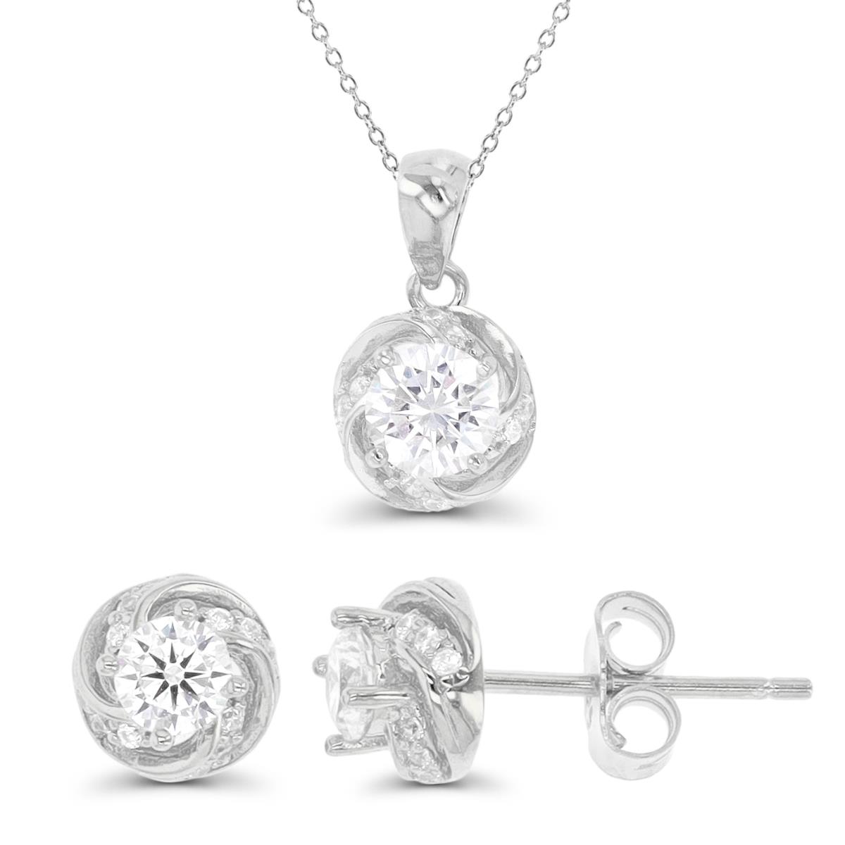 Sterling Silver Rhodium CZ & Twisted Detail 13"+2" Necklae & Stud Earring Set